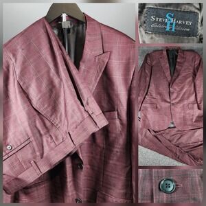 Steve Harvey 2pc Suit Men's Burgundy Windowpane Plaid 52R Pants 46x27